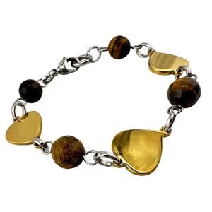Tigers Eye Hearts Stainless Steel Silver Tone Gold Tone 6.75” Bracelet